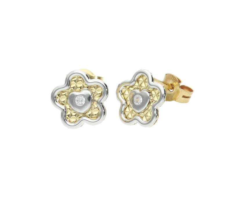 Pendiente Oro Bicolor con Zirconitas flor